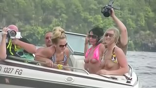 Delightful babes with nice ass in bikini enjoying yacht ride outdoor